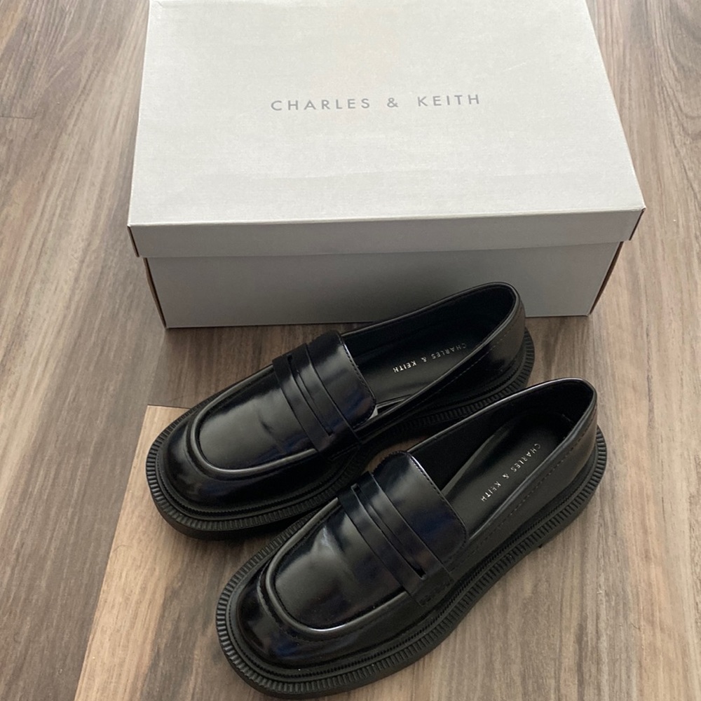 Charles & Keith Black Patent Leather Lug Sole Loafers